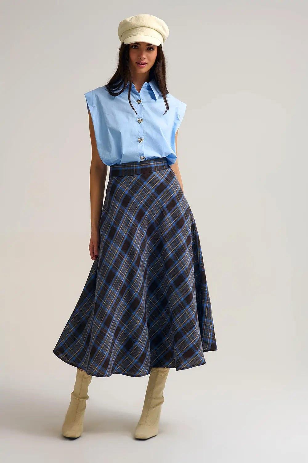Brown Check High-Waisted Midi Skirt - Skirts