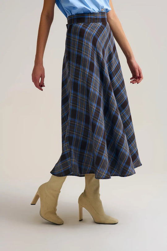 Brown Check High-Waisted Midi Skirt - Skirts