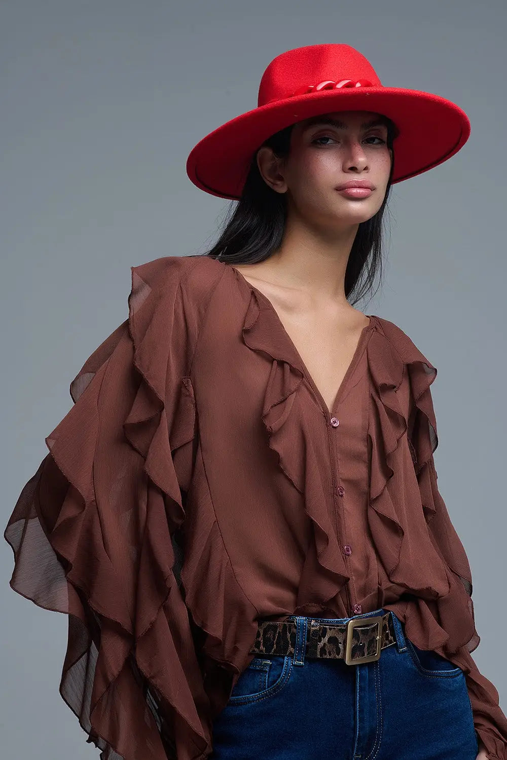 Q2 Brown chiffon V-Neck All Over Ruffle Blouse