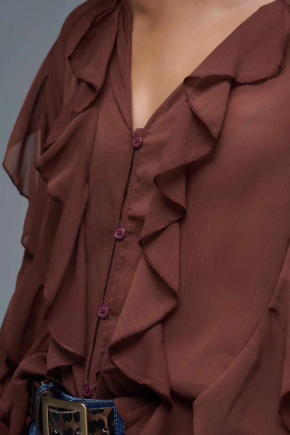 Brown chiffon V-Neck All Over Ruffle Blouse - Shirts