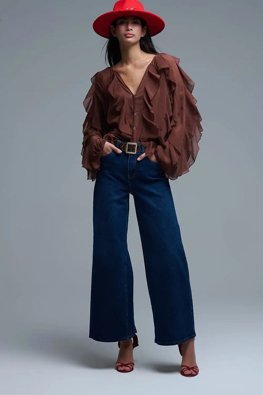 Brown chiffon V-Neck All Over Ruffle Blouse - Shirts