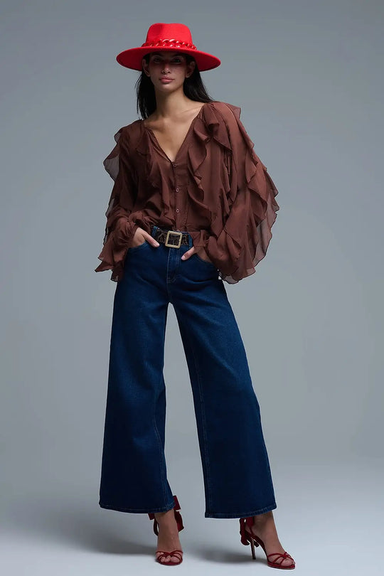 Brown chiffon V-Neck All Over Ruffle Blouse - Shirts