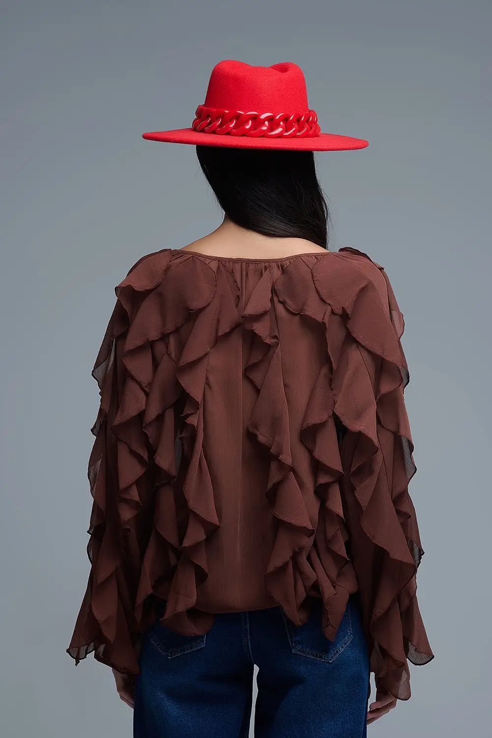 Brown chiffon V-Neck All Over Ruffle Blouse - Shirts