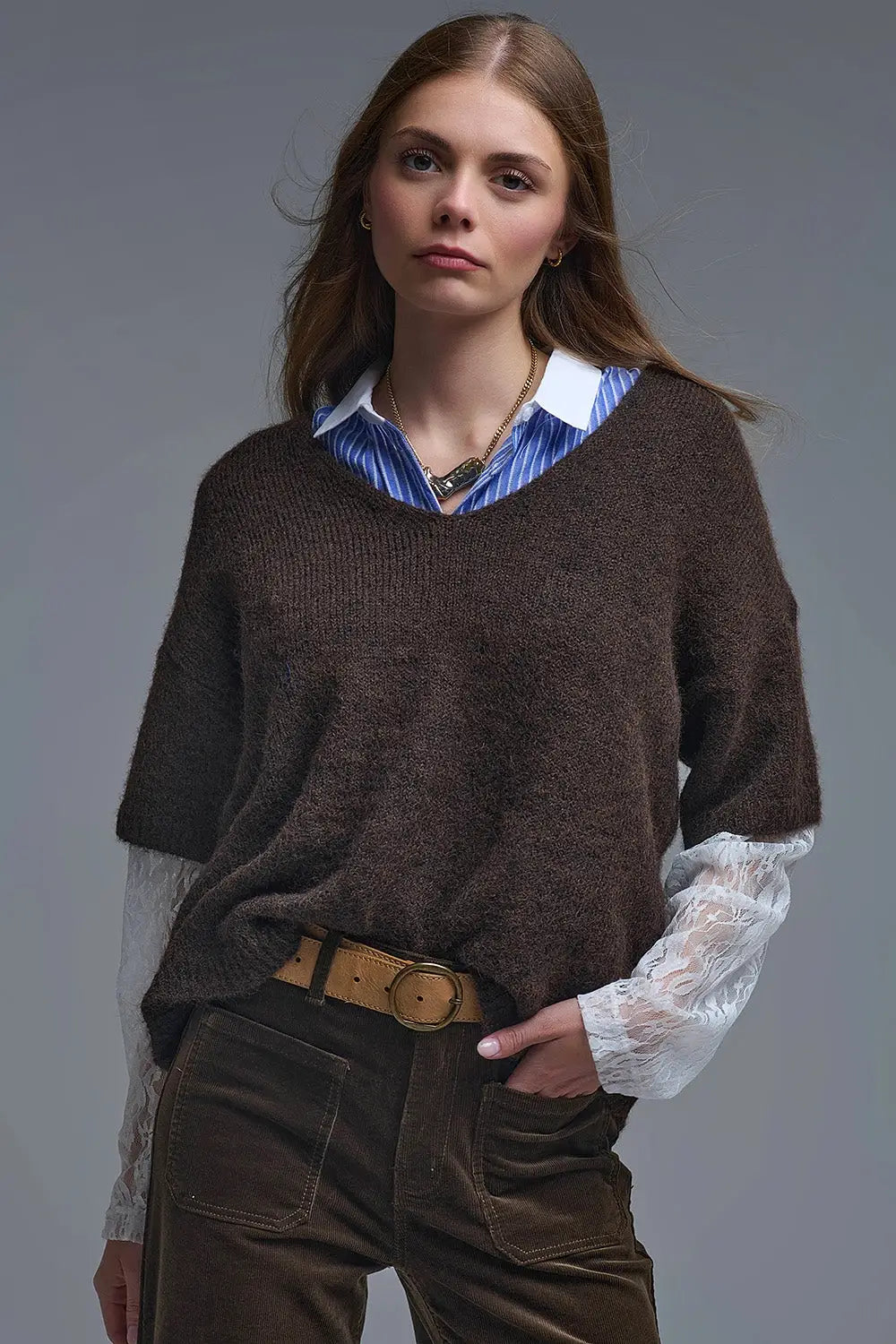 Q2 Brown Contrast V-Neck Sweater with Contrasting White lace Sleeves