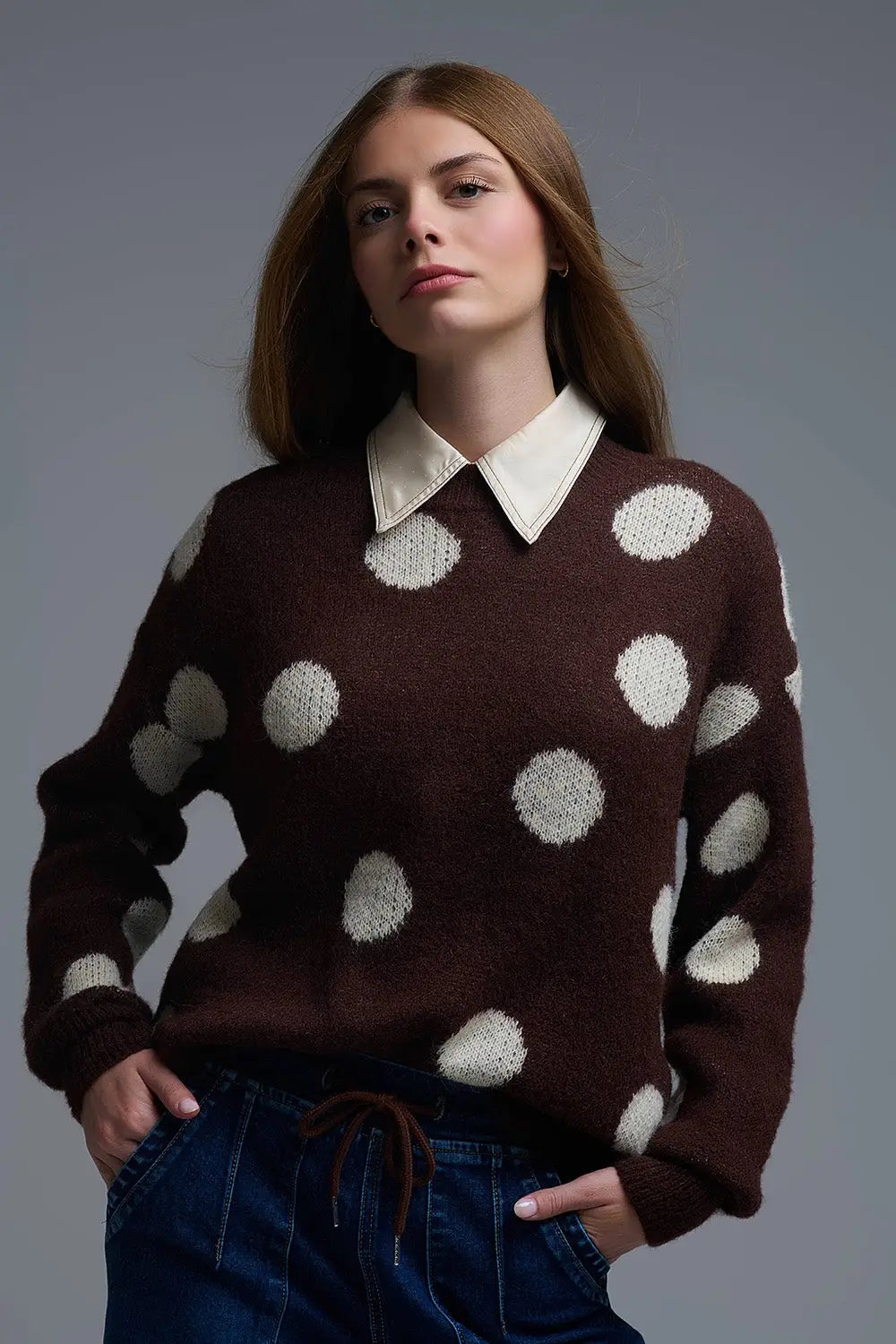 Q2 Brown Crew Neck Sweater with cream Polka Dot