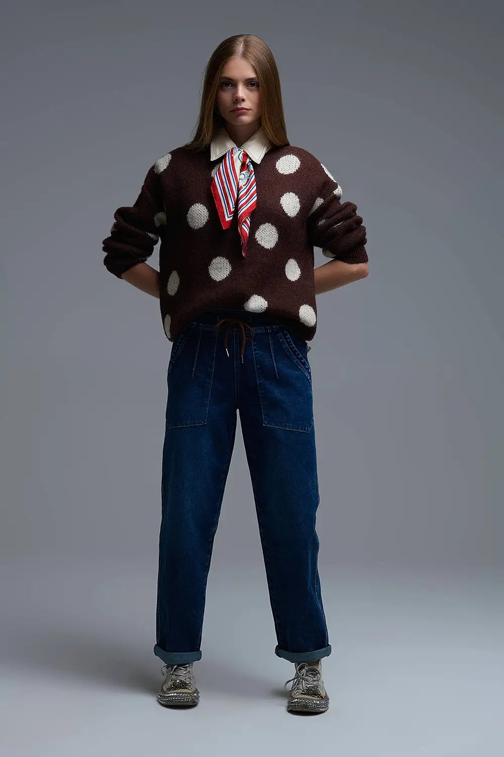 Brown Crew Neck Sweater with cream Polka Dot - One Size / Brown - Sweaters