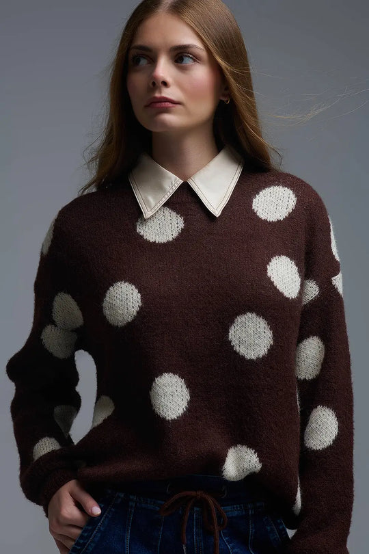 Brown Crew Neck Sweater with cream Polka Dot - One Size / Brown - Sweaters
