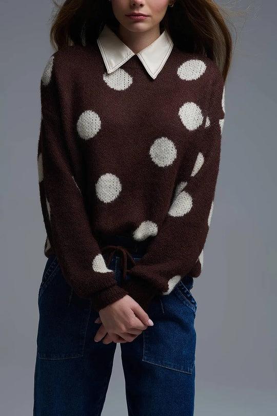 Brown Crew Neck Sweater with cream Polka Dot - One Size / Brown - Sweaters