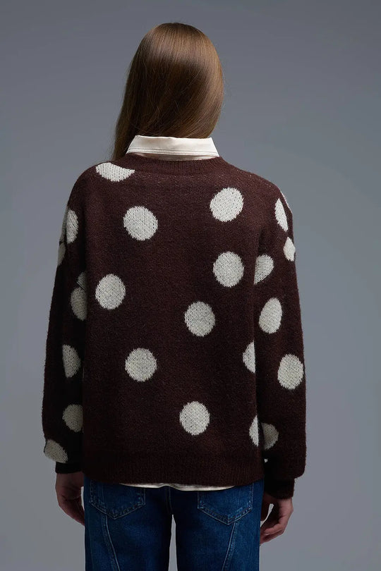 Brown Crew Neck Sweater with cream Polka Dot - One Size / Brown - Sweaters
