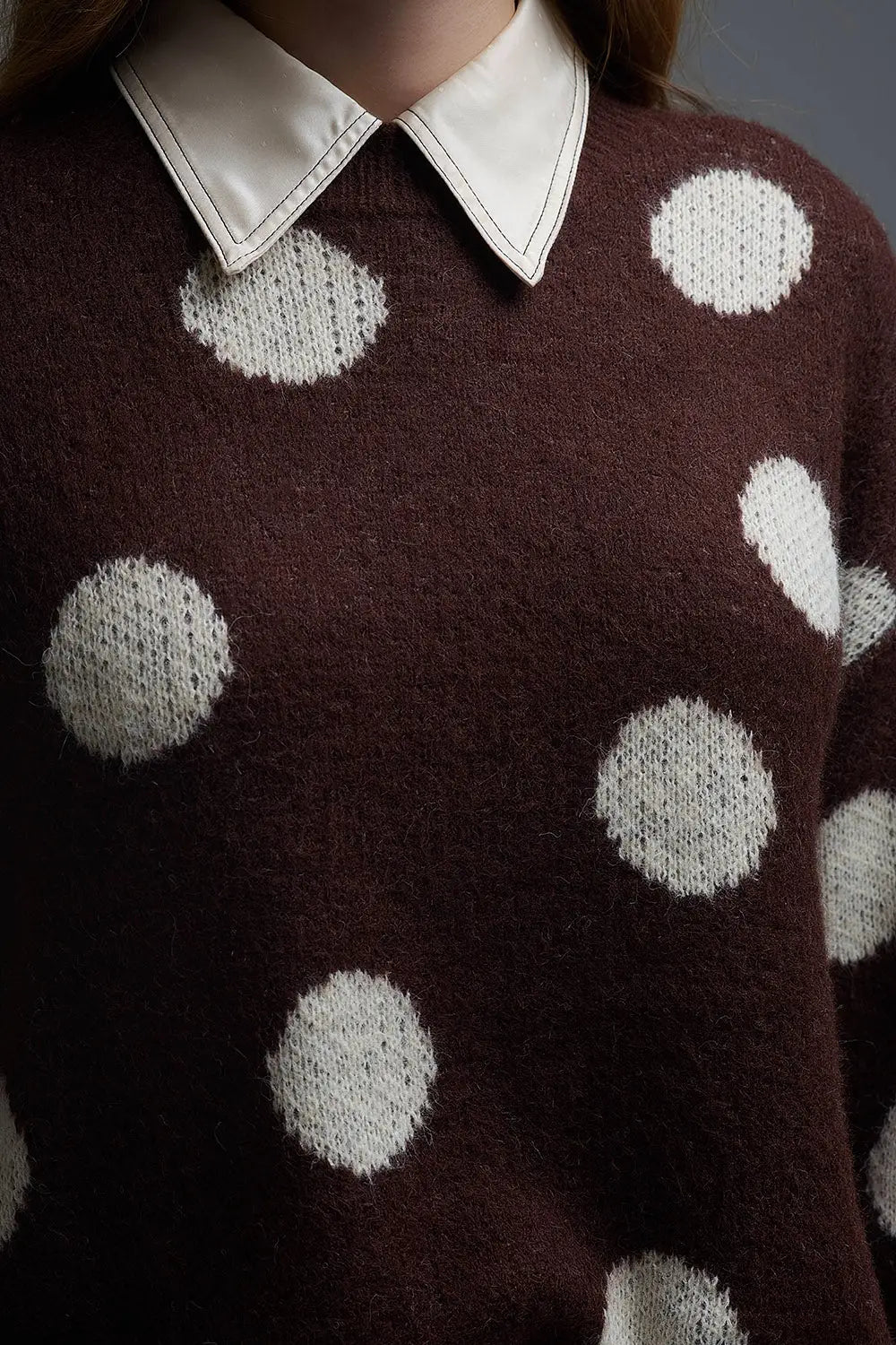 Brown Crew Neck Sweater with cream Polka Dot - One Size / Brown - Sweaters