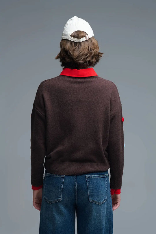 Brown Crew neck Sweater With Multicolor Embroidered Hearts - One Size / Brown - Sweaters