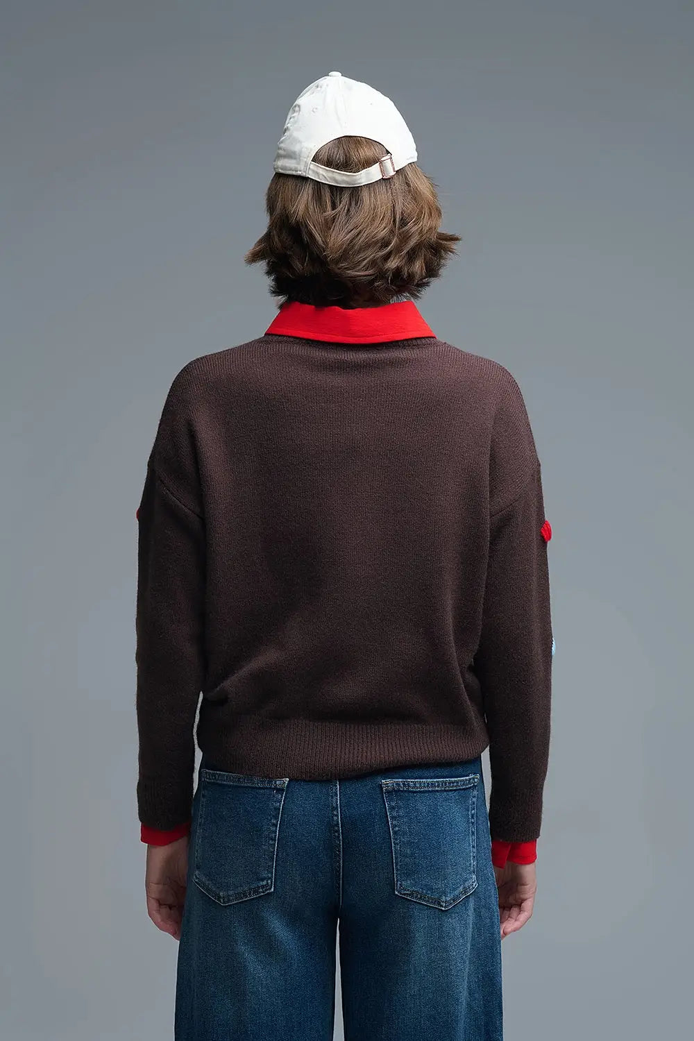 Brown Crew neck Sweater With Multicolor Embroidered Hearts - One Size / Brown - Sweaters