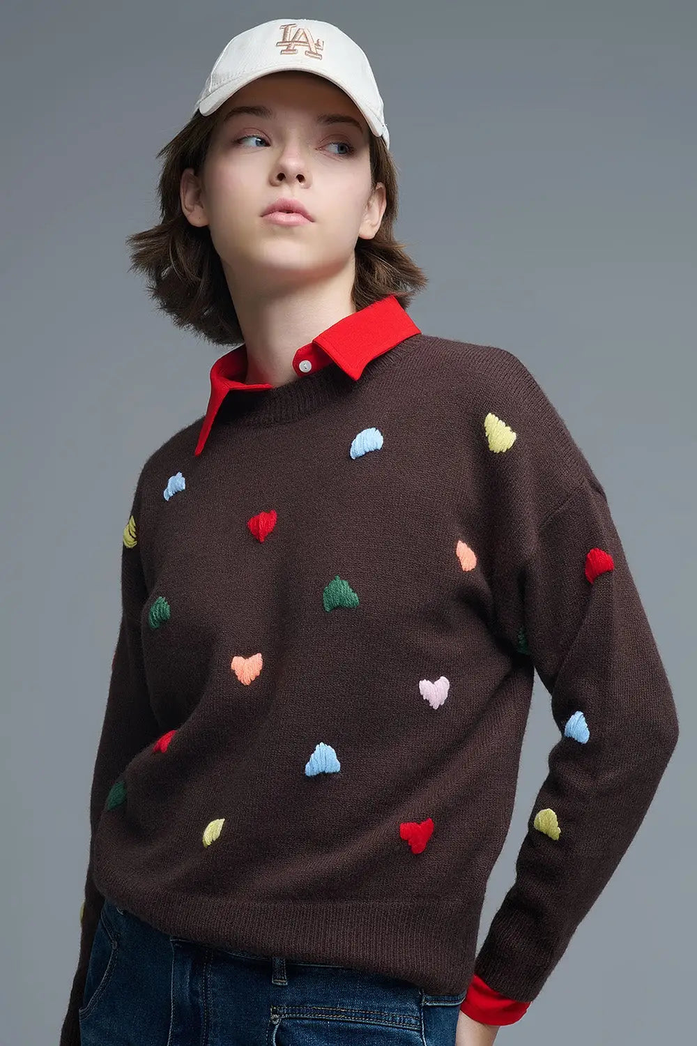 Q2 Brown Crew neck Sweater With Multicolor Embroidered Hearts