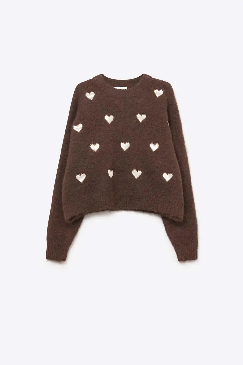 Brown Crew Neck Sweater With Striped Hearts - One Size / Brown - Sweaters