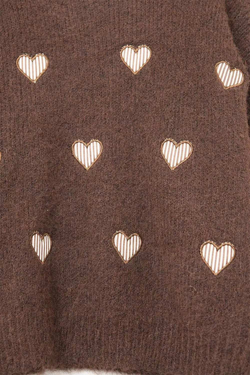 Brown Crew Neck Sweater With Striped Hearts - One Size / Brown - Sweaters