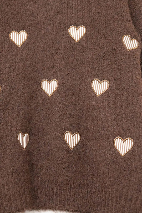 Brown Crew Neck Sweater With Striped Hearts - One Size / Brown - Sweaters