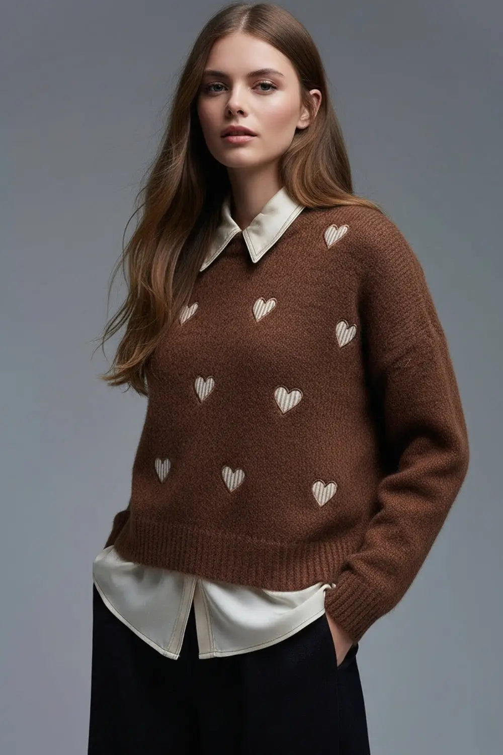 Q2 Brown Crew Neck Sweater With Striped Hearts