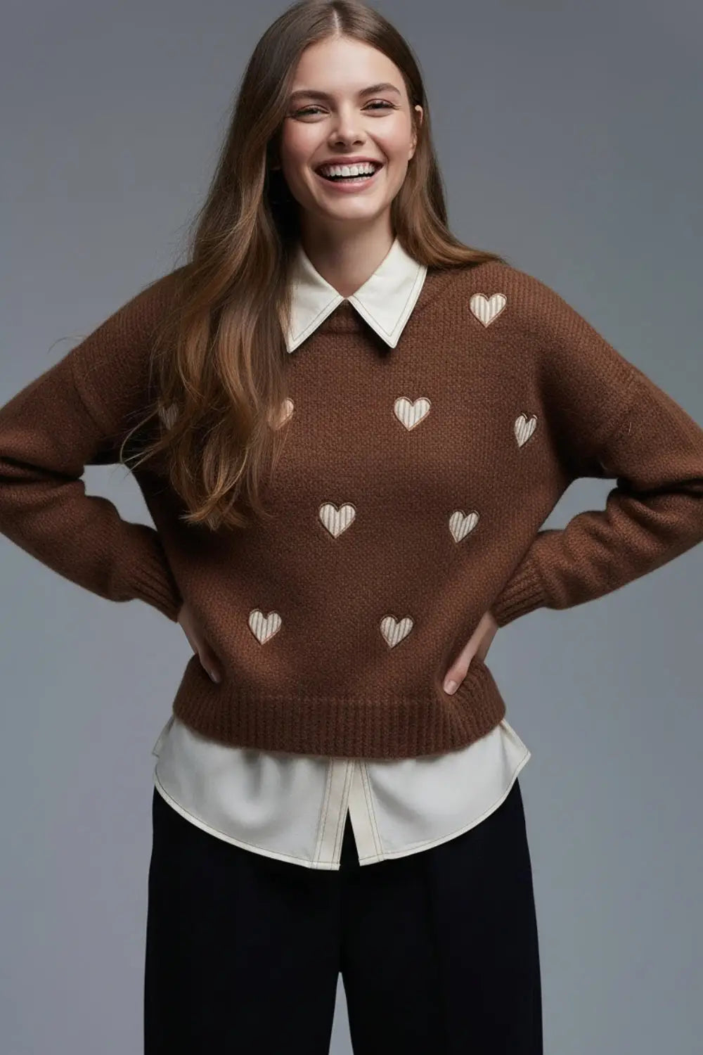 Brown Crew Neck Sweater With Striped Hearts - One Size / Brown - Sweaters