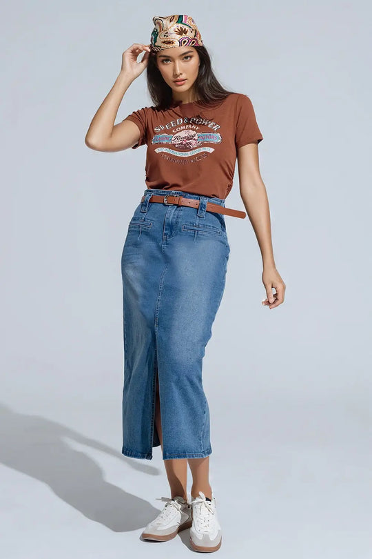 Brown Crew Neck T-shirt With Graphic Print - Tops