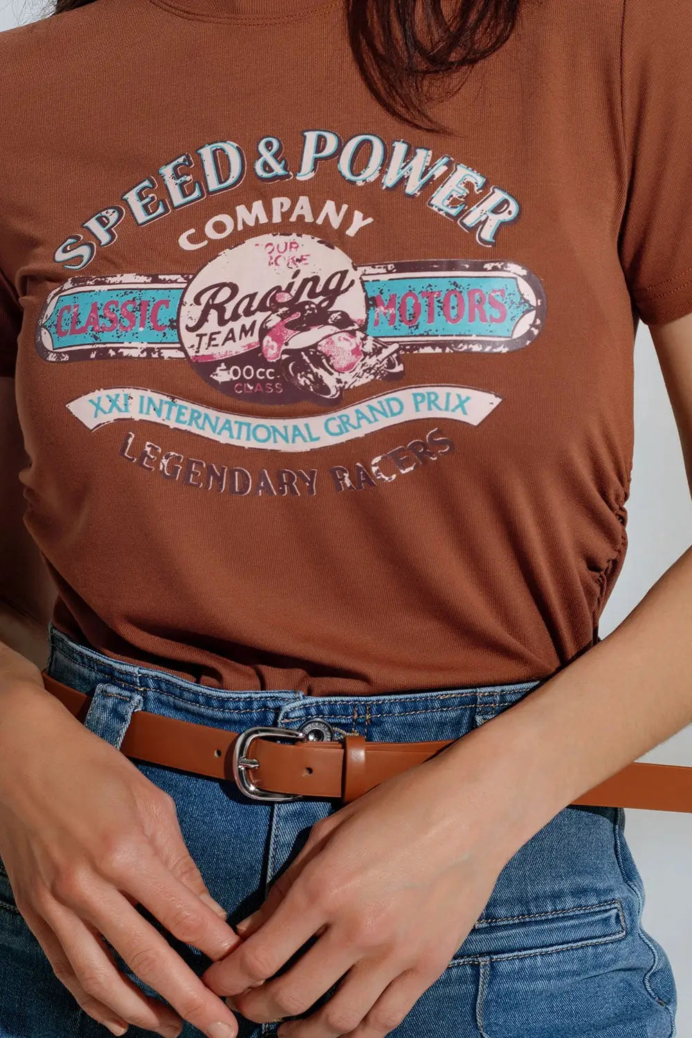 Brown Crew Neck T-shirt With Graphic Print - Tops