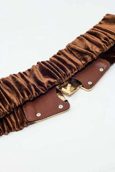 Brown elastic velvet belt with metal closure - One Size / Brown - Accesory