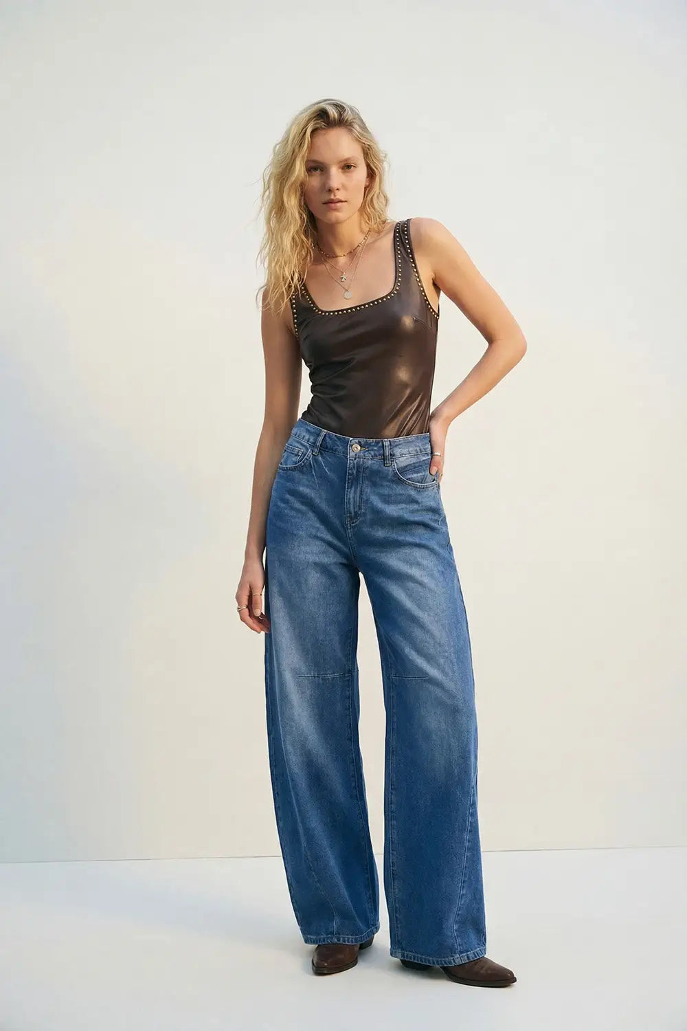 Brown Faux Leather Bodysuit with Stud Detail - Tops