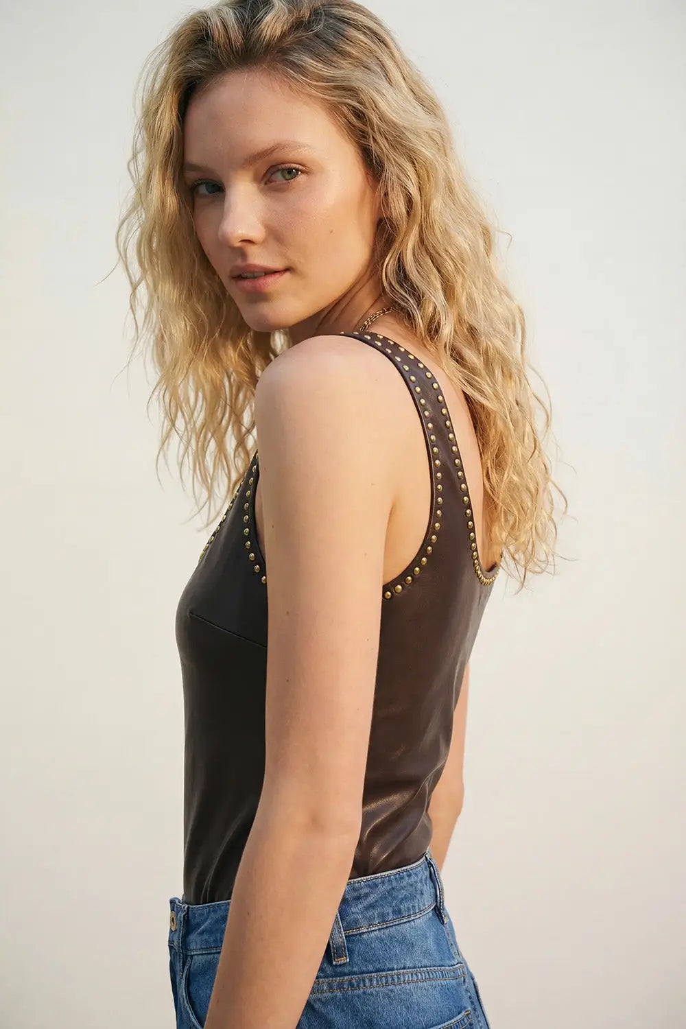 Brown Faux Leather Bodysuit with Stud Detail - Tops