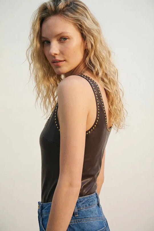 Brown Faux Leather Bodysuit with Stud Detail - Tops