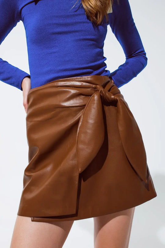 Brown faux leather mini skirt with bow on the side - Skirts