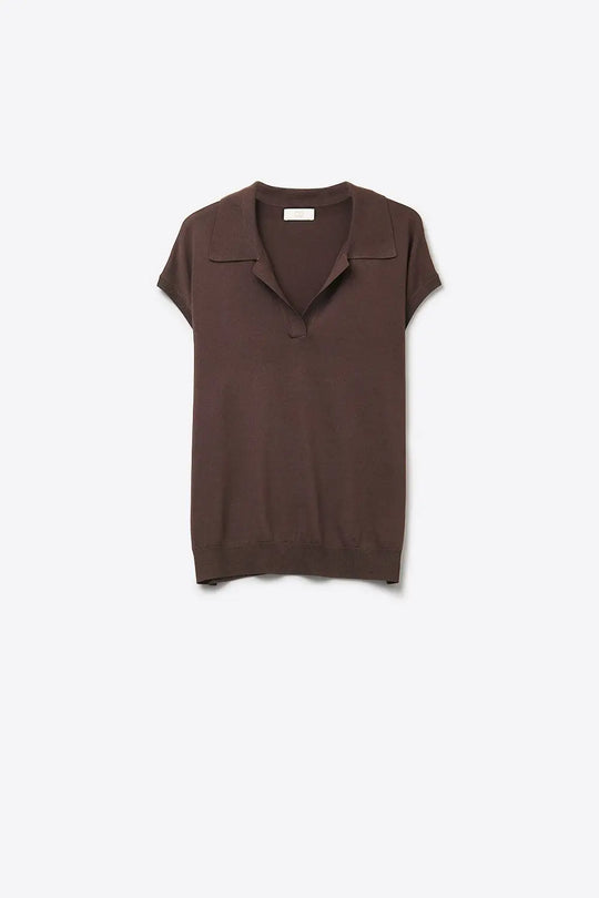 Q2 Brown fine Knit Collared Short Sleeve Sweater