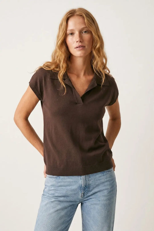 Brown fine Knit Collared Short Sleeve Sweater - One Size / Brown