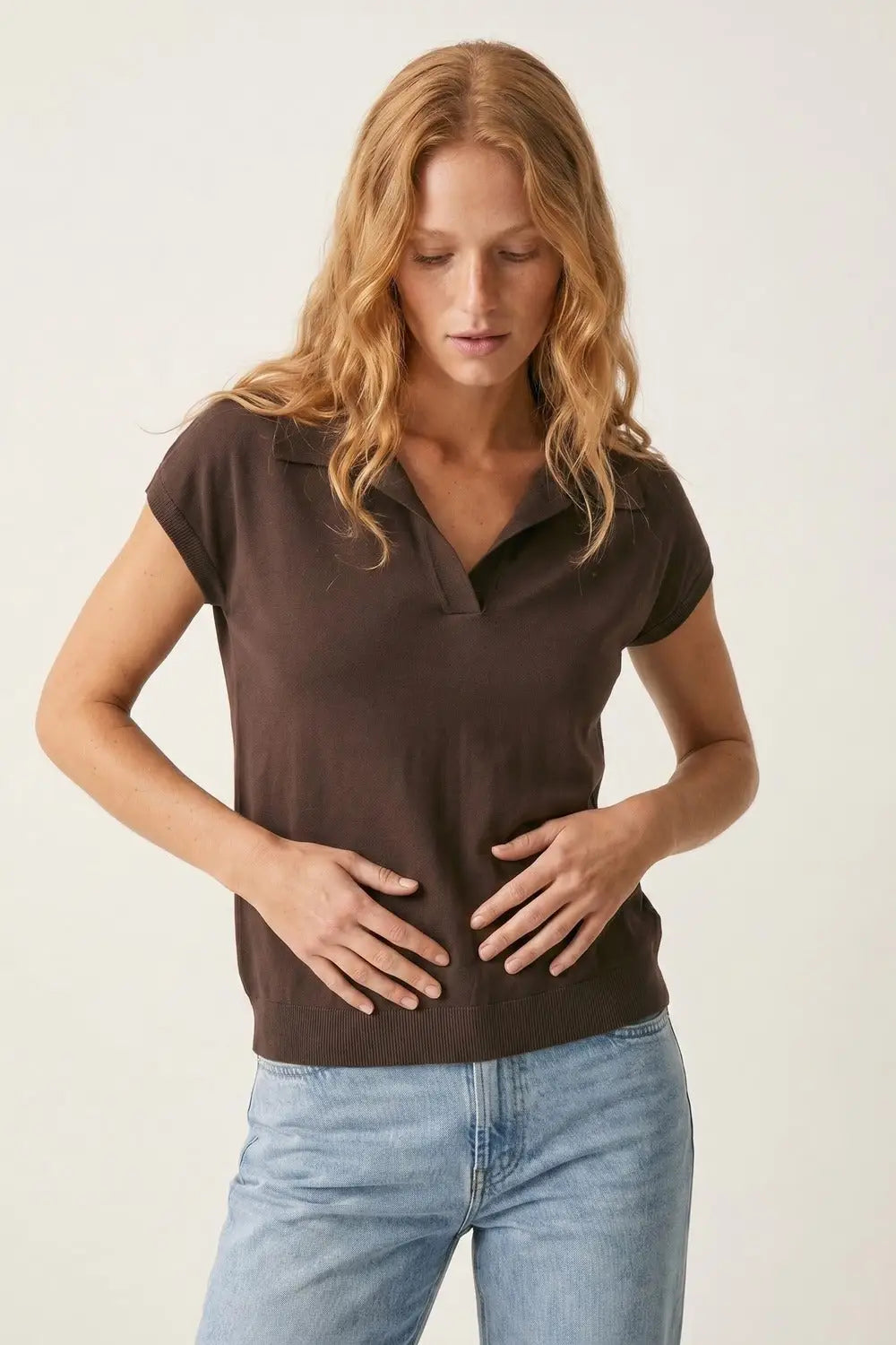 Brown fine Knit Collared Short Sleeve Sweater - One Size / Brown