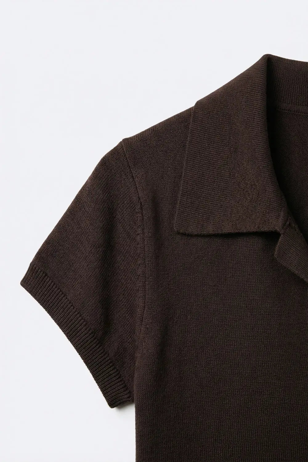 Brown fine Knit Collared Short Sleeve Sweater - One Size / Brown
