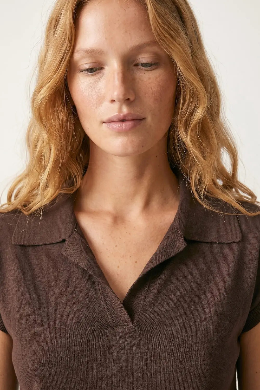 Brown fine Knit Collared Short Sleeve Sweater - One Size / Brown