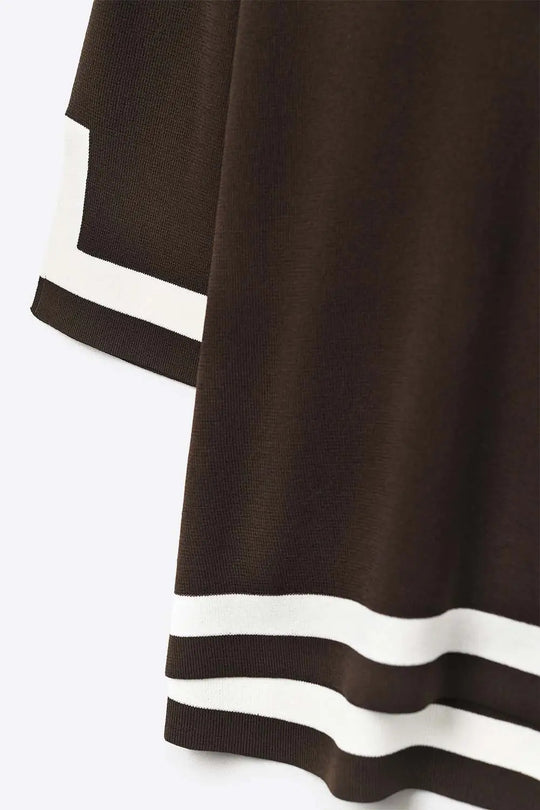 brown Fine Knit sweater with Contrast Stripe in white Detail and 3/4 Sleeves - One Size / Brown