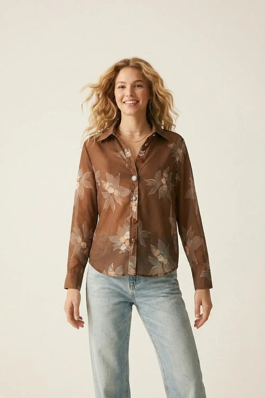 Q2 Brown Floral Button-Front Long Sleeve Shirt in chiffon