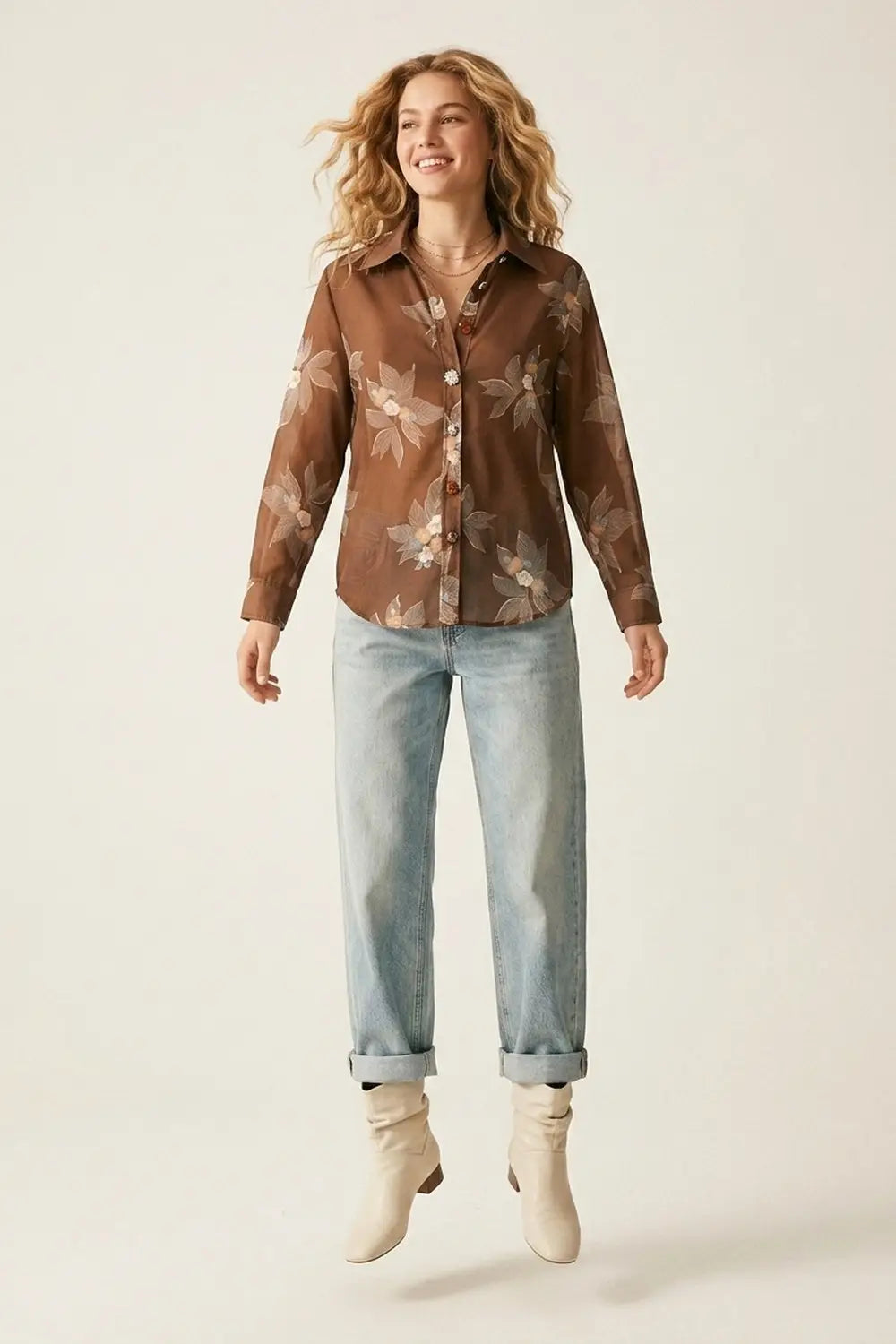 Brown Floral Button-Front Long Sleeve Shirt in chiffon - Shirts