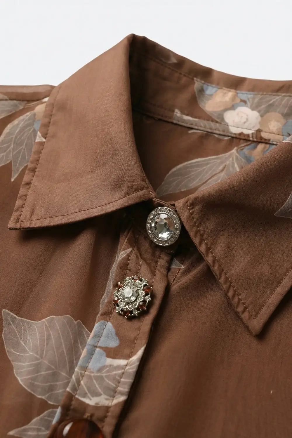 Brown Floral Button-Front Long Sleeve Shirt in chiffon - Shirts