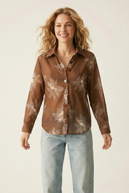 Brown Floral Button-Front Long Sleeve Shirt in chiffon - Shirts