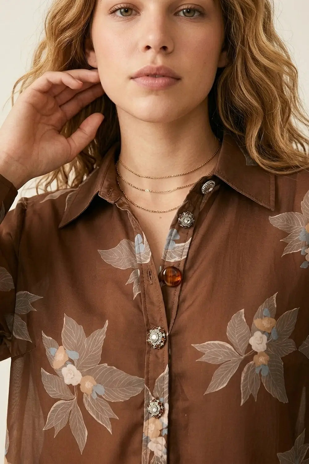 Brown Floral Button-Front Long Sleeve Shirt in chiffon - Shirts