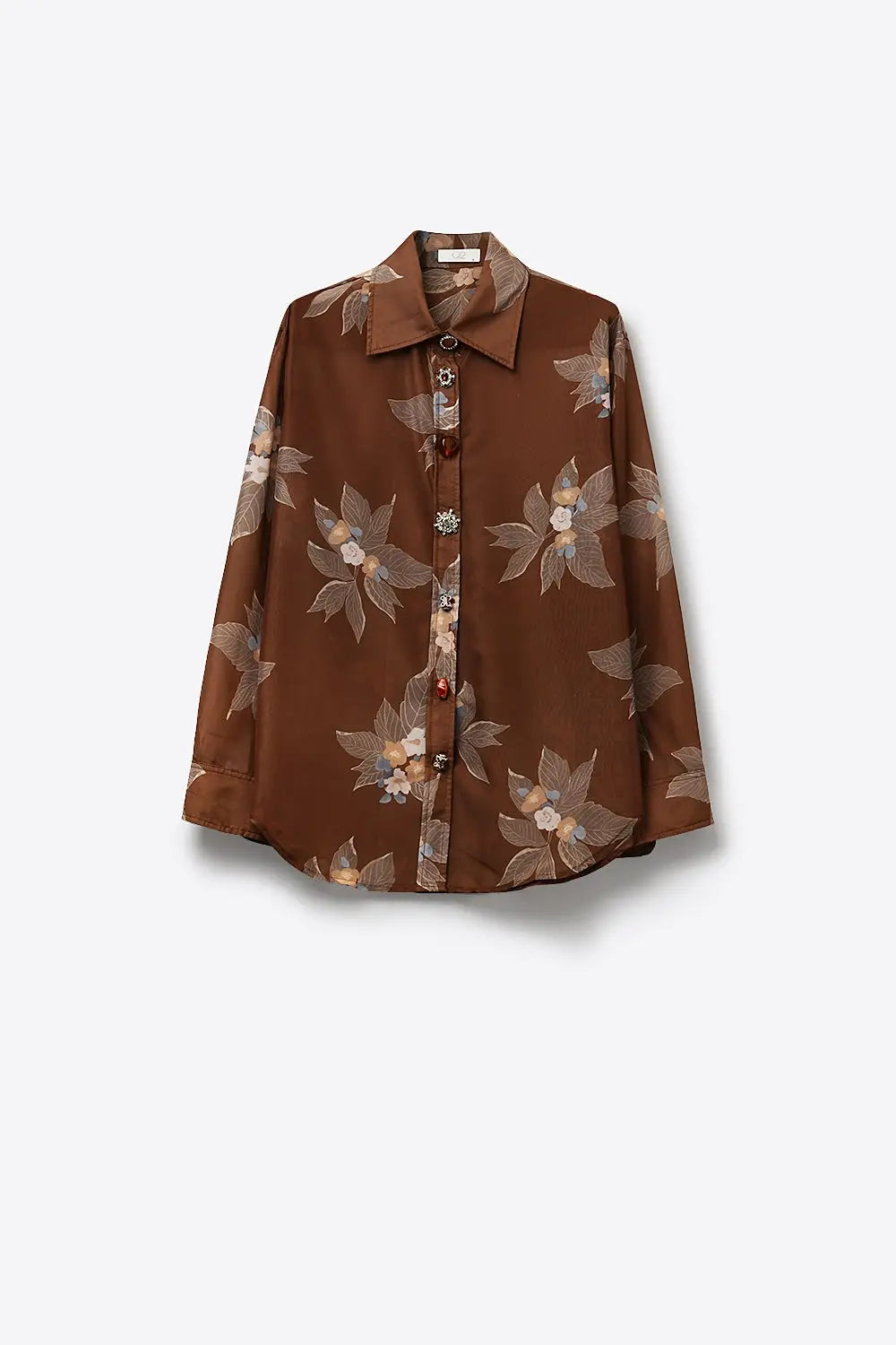 Brown Floral Button-Front Long Sleeve Shirt in chiffon - Shirts