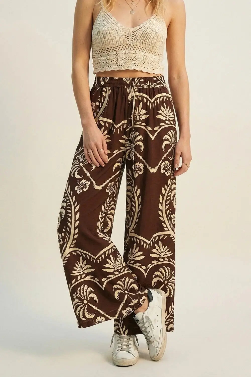 Q2 Brown Floral Print Wide Leg Palazzo Pants