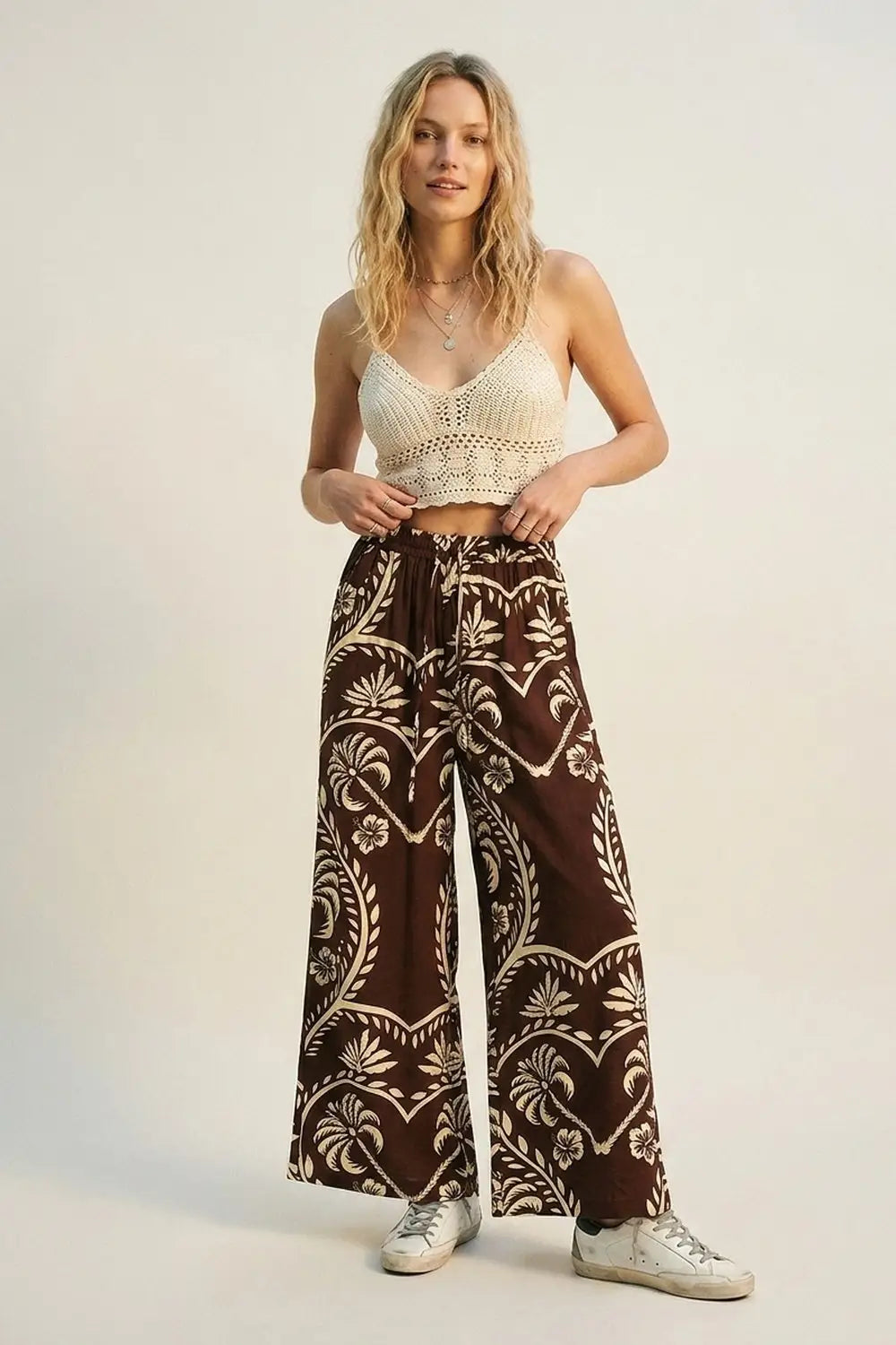 Brown Floral Print Wide Leg Palazzo Pants - Pants