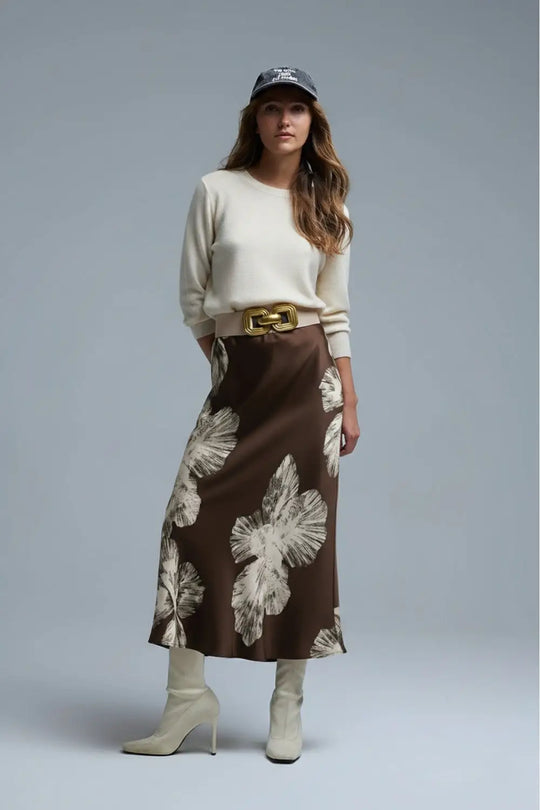 Q2 Brown Floral Satin Midi Skirt in satin