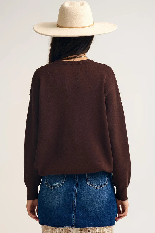 Brown Fringe Sweater with Metallic Details - One Size / Brown - Sweaters