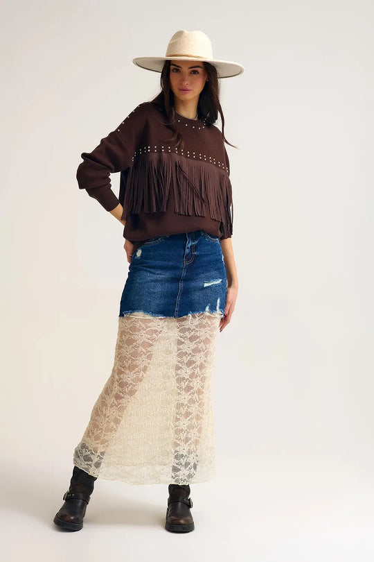 Brown Fringe Sweater with Metallic Details - One Size / Brown - Sweaters
