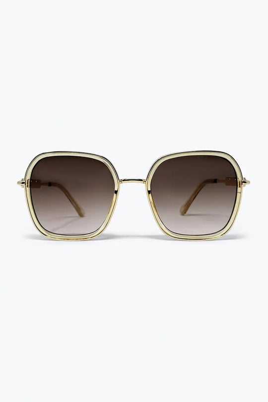 Q2 Brown Gradient Lens Gold Metal Oversized Square Sunglasses