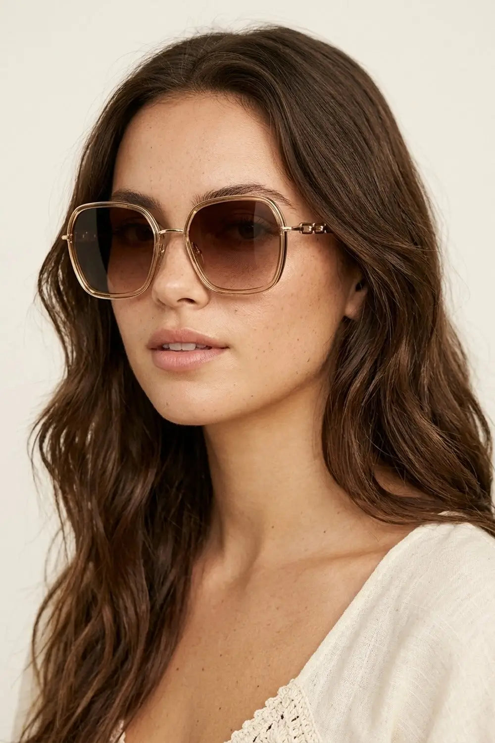 Brown Gradient Lens Gold Metal Oversized Square Sunglasses - One Size / Beige