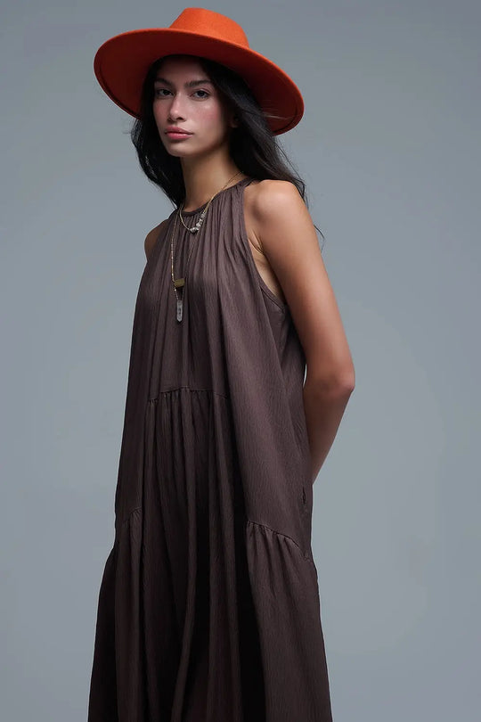 Brown Halter Neck Maxi Dress With Seam Detailing - Dresses