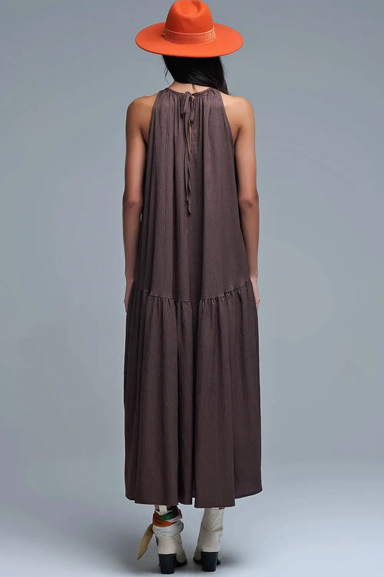 Brown Halter Neck Maxi Dress With Seam Detailing - Dresses
